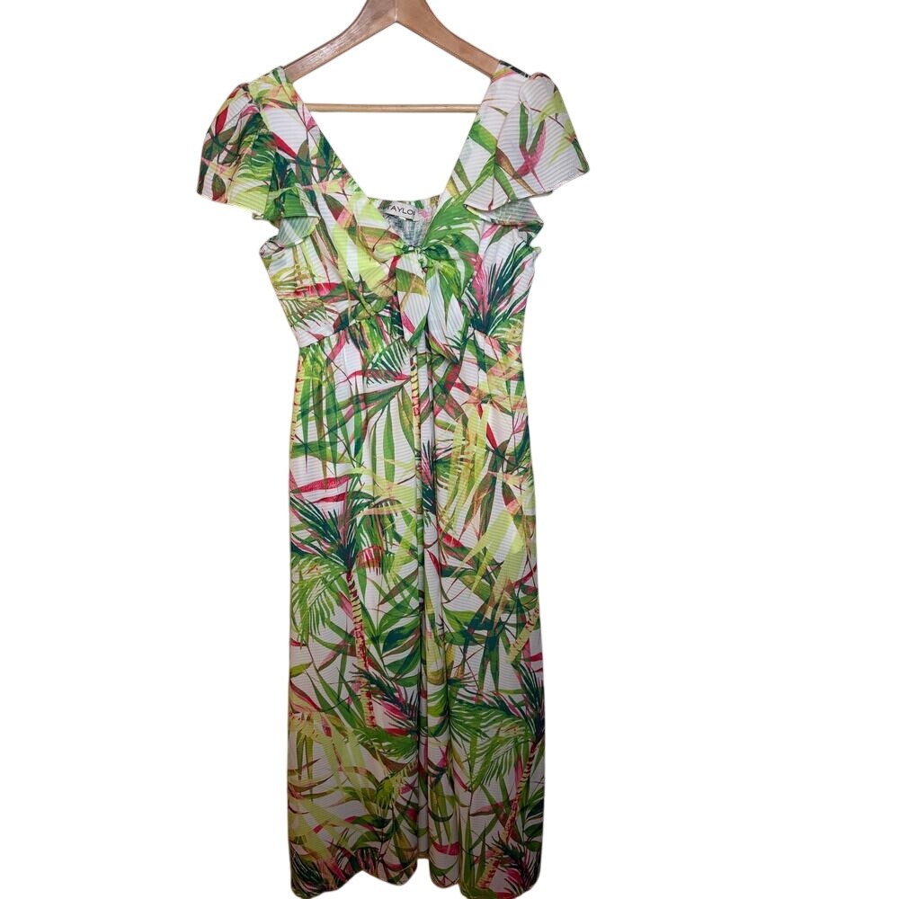 Taylor Tropical Palm Print Flutter Sleeve Maxi Dress V-Neck Tie Front Size 10